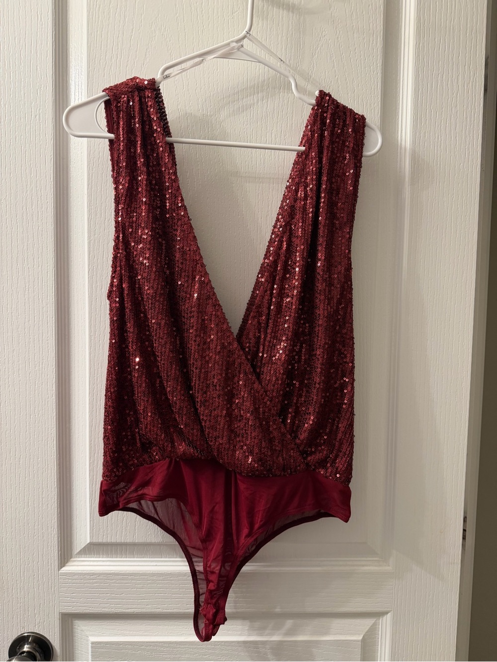 Lulu's Wine Sequin Plunge Bodysuit